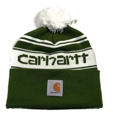 Carhartt Accessories | Carhartt Knit Pom-Pom Cuffed Logo Beanie Hat Green White Winter Acrylic Canada | Color: Green/White | Size: Os