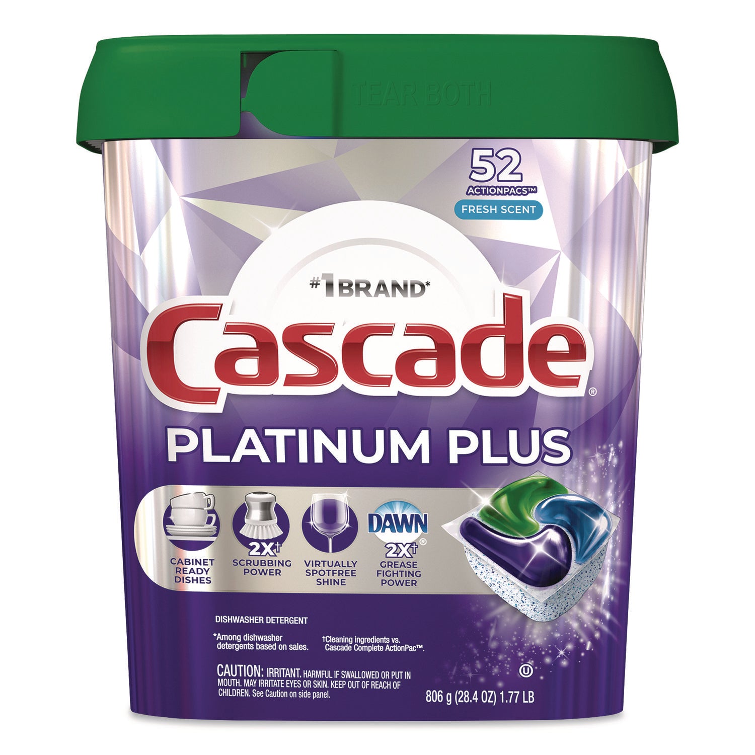 Cascade Platinum Plus ActionPacs Dishwasher Detergent Pods, Fresh Scent, 28.4 oz Tub, 52/Pack (PGC06156PK)