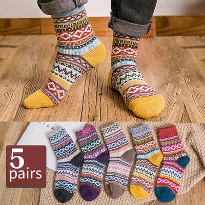 TEMU 5pcs Women's Retro Striped Mid-calf Socks - Cozy, Breathable & Soft For Fall/winter | Skin-friendly Polyester