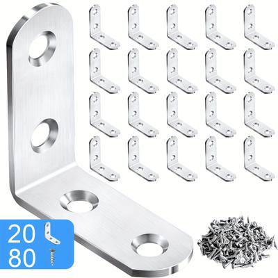 TEMU 20pcs L Bracket Corner Brace Metal Corner Bracket 90 Degree Angle Stainless Steel Bracket With 80pcs Screws For Securing Wooden Frames Tables Chairs Bed Furniture And Other Diy