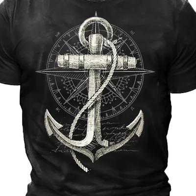 TEMU 2024 Fashion Men's Summer Casual Tees Tops Anchor Printed T Shirt Tshirt Compass Pattern T Shirts Image