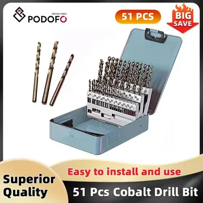 Podofo 51pcs Cobalt Drill Bit Set 1-6mm M35 for Stainless Steel Wood Metal Drilling HSS-Co Jobber Length Twist Drill Bits Metal