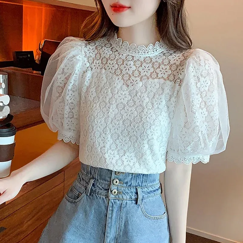 Sommer neue Kurzarm Bluse Frauen weiße Spitze Bluse Hemd Frauen Tops Blusas Mujer de Moda 2024 Verano Blusen Hemden g443