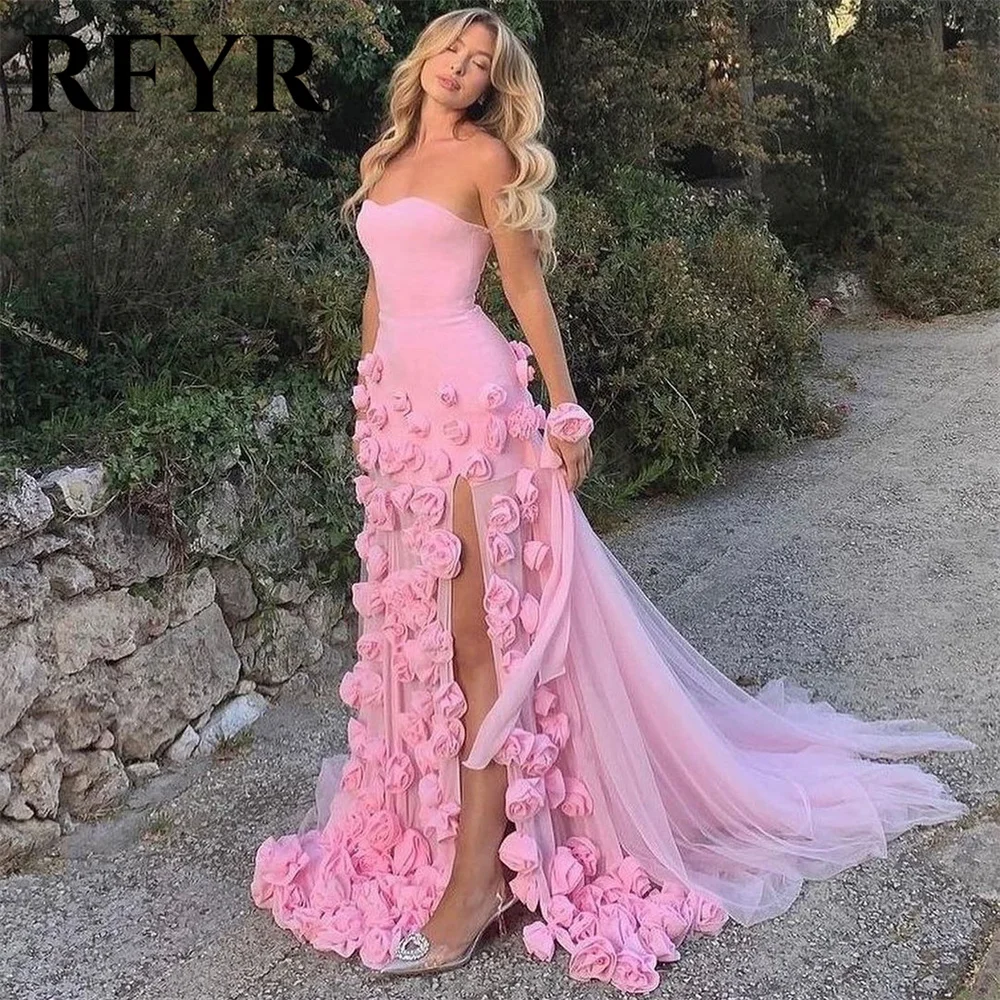 RFYR Pink Mermaid Charming Prom Dress 3D Flower Formal Gown Sleevesless Evening Gown with Side Slit vestidos de noche Customized