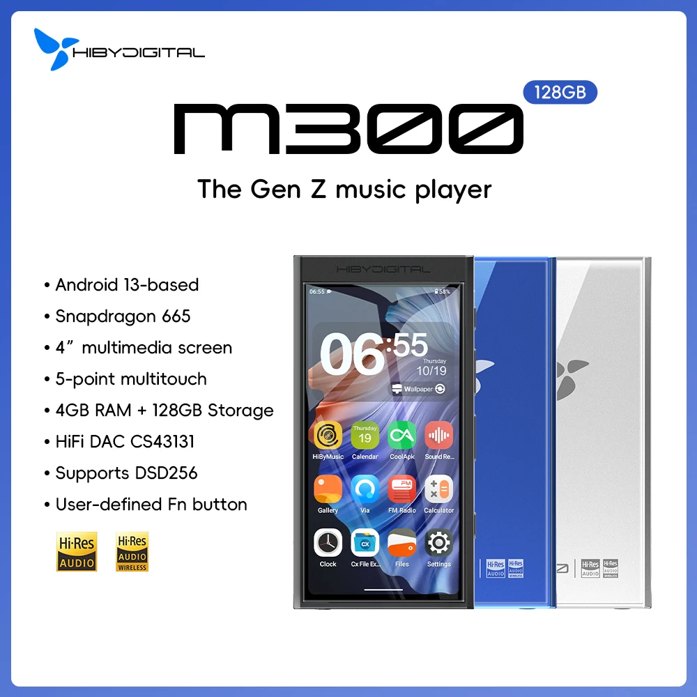 HiBy Digital M300 Android 13 Musik-Player MP3 HiFi Audio Bluetooth WiFi DSD256 FM-Radio Dual-Mikrofon Eingebauter Lautsprecher IPS 29 Stunden 128 GB Image