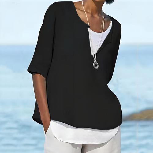 Women's Shirt Linen Shirt Cotton Linen Shirts Plain Daily Stylish Basic 3/4 Length Sleeve V Neck Regular Tops Work Daily Holiday Black White Blue Spring Fall