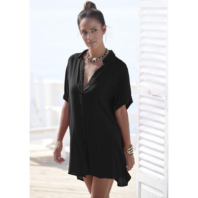 Longbluse LASCANA, Damen, Gr. 38, schwarz, Cru00eape, Obermaterial: 100% Viskose, casual, figurumspielend kurz, Kurzarm 