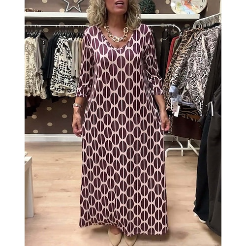 Damen Maxidress Casual kleid Stilvoll Brautkleider schlicht Urlaub Täglich Regular Fit Geometrisch 3/4 Ärmel V Ausschnitt Schwarz Wein Purpur Grün Sommer Image