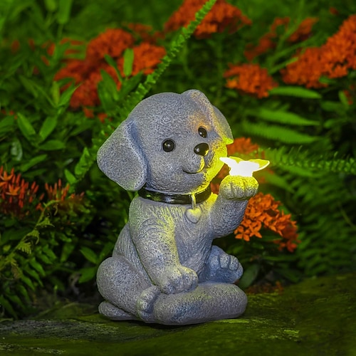 Solarbetriebene Hundestatue mit Schmetterlingslicht – wasserdichte Solar-Gartendekoration für den Außenbereich für Balkon, Veranda – Einweihungsgeschenk, Geburtstagsgeschenk, Geschenk zum Muttertag Image