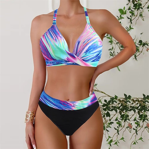 Damen Tankini Bikini, Zweiteiler V-Ausschnitt Racerback Bademode Badeanzug Blau Purpur Schnelltrocknend Leicht Atmungsaktiv Ärmellos - Surfen Strand Schwimmen Sommer Frühling Image