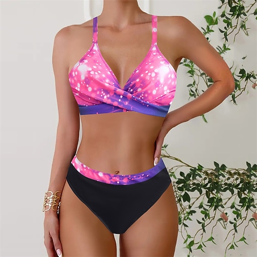 Damen Tankini Bikini, Zweiteiler V-Ausschnitt Ringer-Rücken-Kleid Bademode Badeanzug Rosa Blau Atmungsaktiv Schnelltrocknend Leichtgewichtig Ärmellos - Schwimmen Surfen Strand Sommer Frühling Image