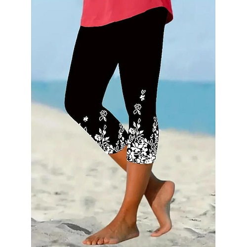 Frauen Leggings Capri Hosen Hochstretchfähigkeit Mode Streetwear Vollständig Lang Mittlere Taille Blumen Druck Thermisch Warm At