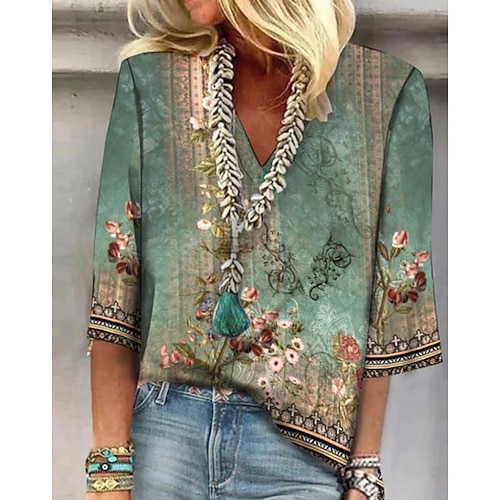 Langarmhemd für Frauen Knopfdown-Bluse floral täglich basic 3/4-langer Ärmel V-Ausschnitt reguläre Oberteile täglich Druck grün Sommer Frühling Image