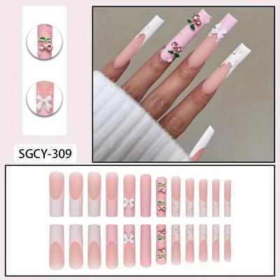 TEMU 24pcs Extra Long Square Press On Nails, French Tip Fake Nails With Cherry And Design, Sweet Cool Full Cover False Nails For Women Girls