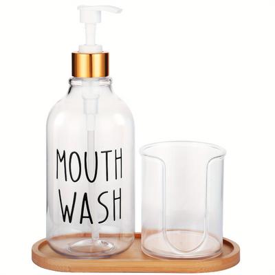 TEMU Gaonly 17oz Refillable Mouthwash Dispenser With Cup Holder, Amber & Clear Plastic Pump Bottle On Wooden Tray For Bathroom Organization, Stylish And Functional Design, Bathroom Accessories