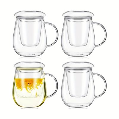 TEMU 4 Glass Tea Cups With Filters And Lids, Each Containing 450ml/15.2oz, High Borosilicate Glass Tea Cups With Filters, Transparent Glass Tea Cups For Holding Tea, And Loose Tea Brewing