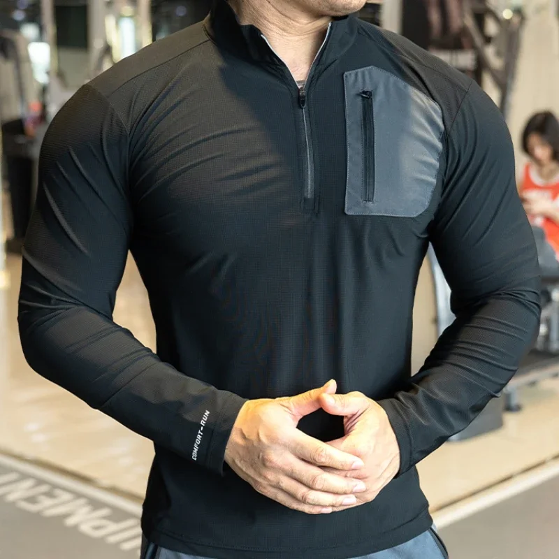 Herren Muskeltraining Sportbekleidung Langarm Laufbekleidung mit halbem Reißverschluss mit Taschen Sport Gym T-Shirts Fitness Kompressionsshirt Image
