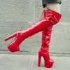 Lackleder, rot, sexy, superdicke High Heels, Overknees, Stretch-Stiefel, Plattform-Stripper-Schuhe, Overknee-Schuhe, große Größe 46, 45
