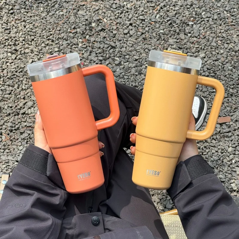 Isolierter Becher aus Edelstahl 304, großes Fassungsvermögen, Kaffeetassen, Wasserflasche mit Griff, Sport, Reisen, Wandern, tragbares Trinkgeschirr Image