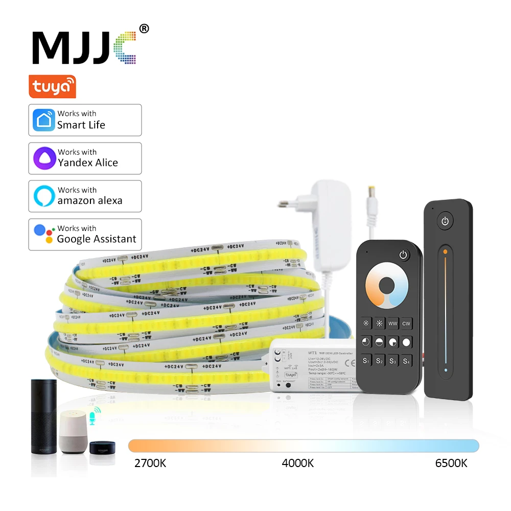 Tuya COB LED Licht Streifen CCT 24V 512 LEDs FOB 10mm Hohe Dichte WW CW RF Smart Leben drahtlose CCT FOB Flexible Band Band Lampe Image