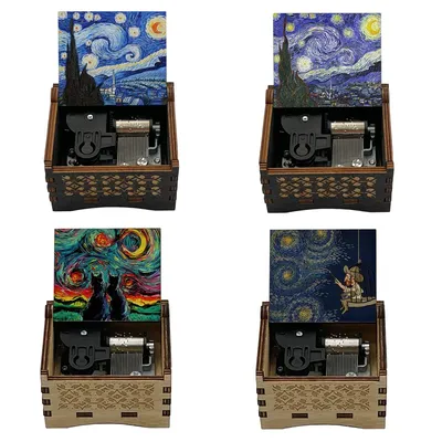 Starry Starry Night Wooden Music Box Clockwork Automatic Stainless Steel Movement Holiday Gifts Home