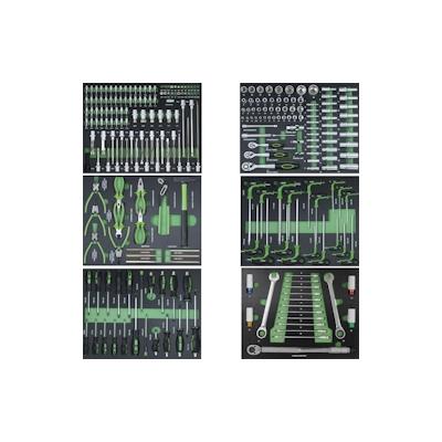 Baumarktplus 6 x Werkstattwageneinlagen 520 x 400 mm bestückt mit 254 Teilen Chrom-Vanadium Werkzeug grün Image