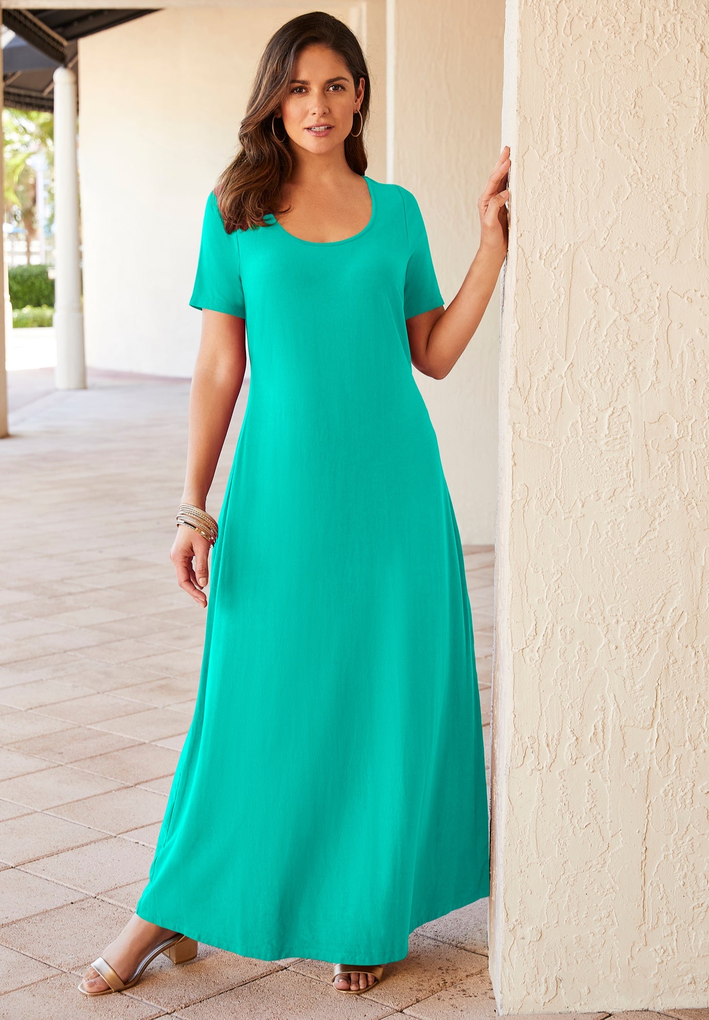 Plus Size Women's Stretch Cotton T-Shirt Maxi Dress by Jessica London in Aqua Sea (Size 36)