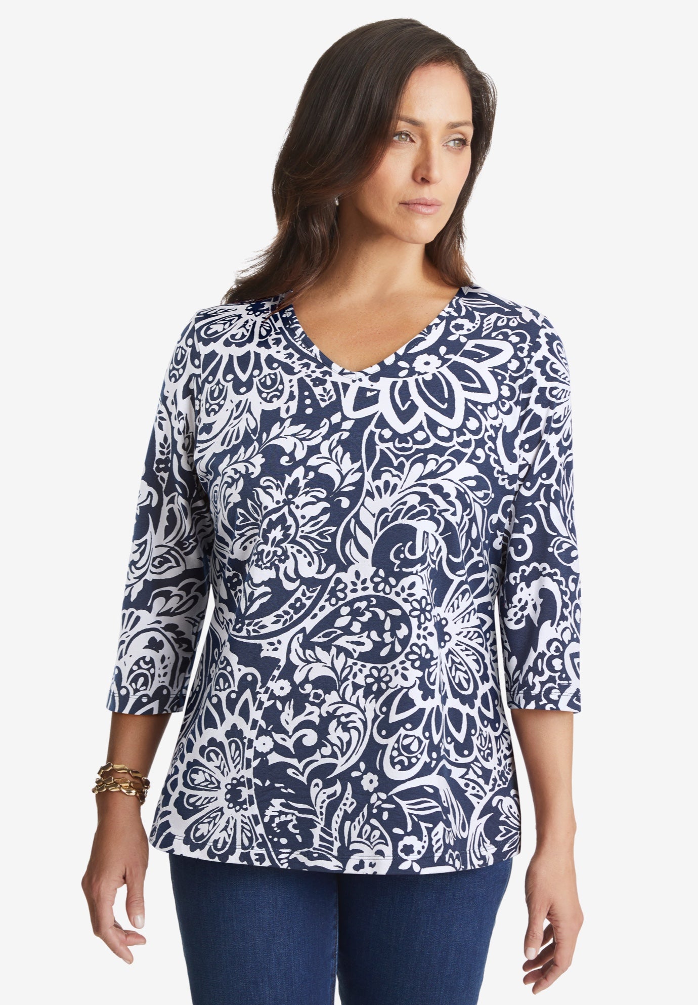 Plus Size Women's Stretch Cotton V-Neck Tee by Jessica London in Navy Scroll Medallion (Size 30/32) 3/4 Sleeve T-Shirt