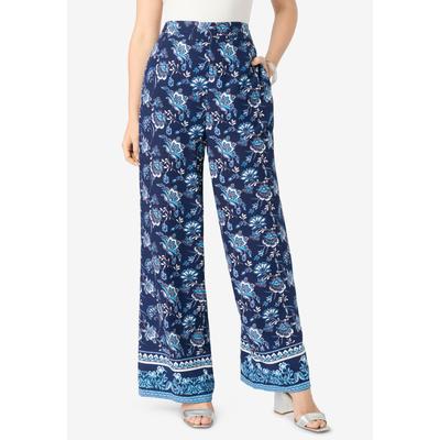 Plus Size Women's Plus Size Printed Wide Leg Pant by Roaman's in Navy Porcelain Border (Size 40 W)