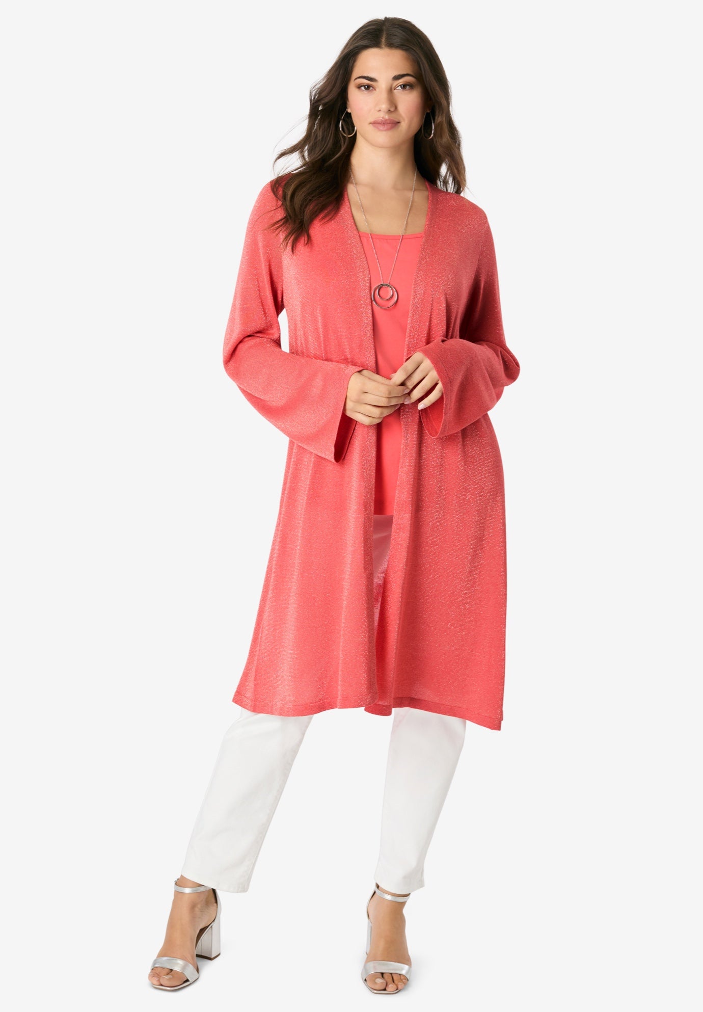 Plus Size Women's Long Knit Shimmer Cardigan Sweater by Roaman's in Sunset Coral (Size M)