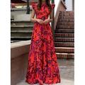 Robe maxi femme robe corset robe enveloppante robe A-line robe à volants bohémienne vintage boho manches évasées vacances fêtes graphique floral manches courtes col rond rouge