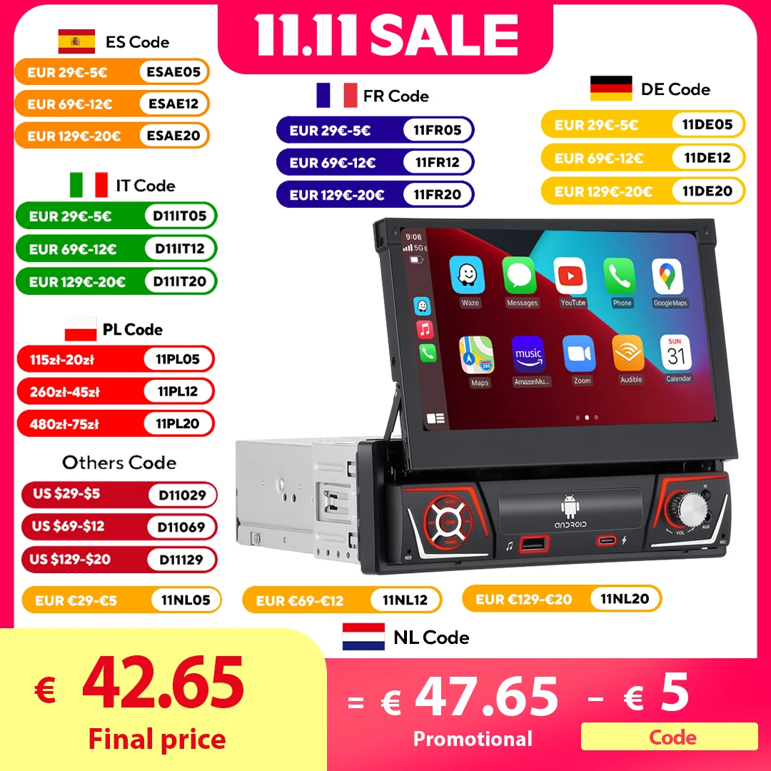 1 DIN Autoradio Android Carplay Auto Universal 7" IPS Einziehbarer Bildschirm GPS Navigation 1 Din Android 13 Auto Multimedia Video Player Carplay Bildschirm Image