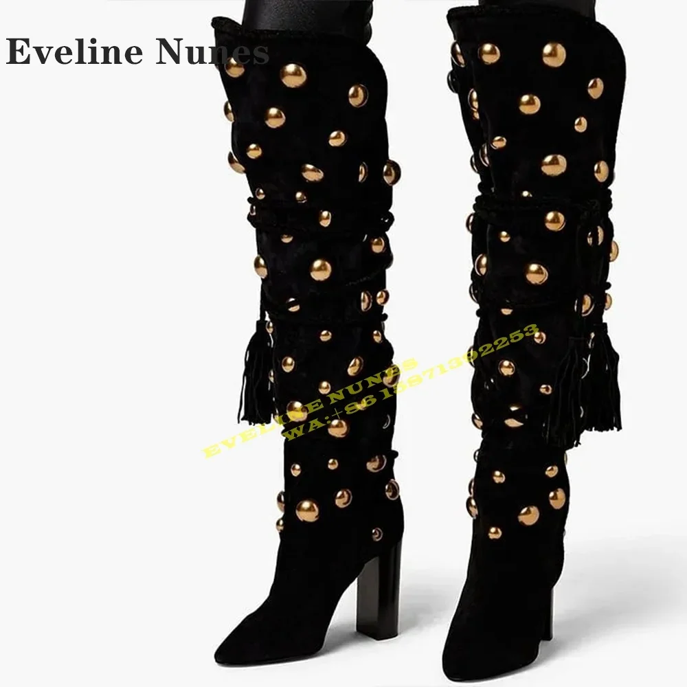 Sexy kniehohe Stiefel mit Goldbesatz und Quasten, spitzer Blockabsatz, V-Ausschnitt, zum Anziehen, sexy Runway-Show-Schuhe, 2024, Herbst-Winter, neuer Stil