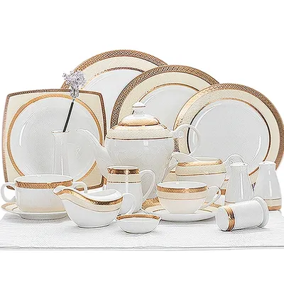 28 Ceramics High End Hotel Restaurant Royal Bone China Dinnerware Set, Luxury Gold Dinner Sets, Fine