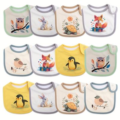 TEMU 12pcs Adjustable Snap Bibs - Waterproof, Breathable 4-layer Muslin, Cute Animal & Floral Print Designs For - Ideal For Nursing, Feeding, Teething | White, |cartoon Bibs| Babywear, Accessories