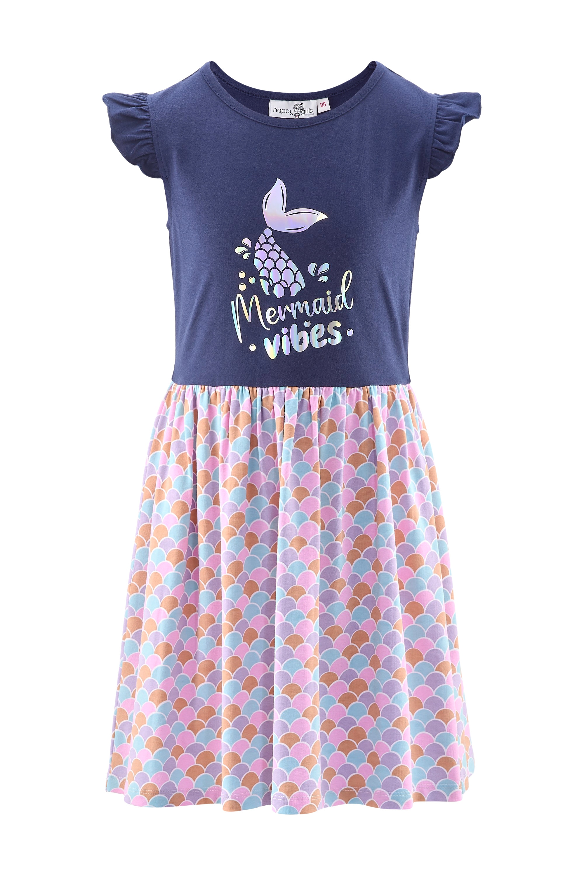 Midikleid HAPPY GIRLS, Mädchen, Gr. 122, N-Gr, blau (navy), Jersey, Obermaterial: 95% Baumwolle, 5% Elasthan, bedruckt, Casual, regular fit ca. Mitte Wade, Rundhals, Kleider Image