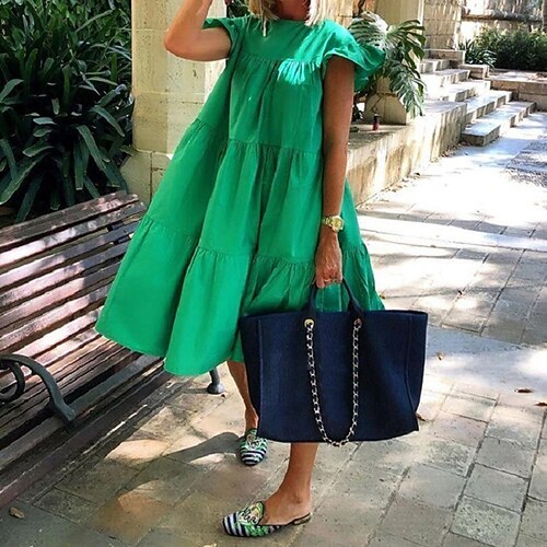 Damen Minikleid Weißes Kleid Freizeitkleid Sommerkleid Mode Trompetenärmel Outdoor Party Ferien Normale Passform Einfach Kurzarm Rundhalsausschnitt Weiß Rote Grün Sommer Frühling Image