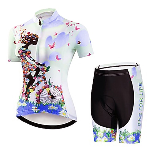 21Grams Damen Radtrikot mit Radhose fahrradbekleidung set Kurzarm MTB Mountain Rennrad Grün Blau Purpur Blumen Pflanzen Fahhrad Sportkleidung Atmungsaktiv Anatomisches Design Rasche Trocknung / Image