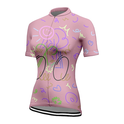 Damen Radtrikot Graffiti Kurzarm Fahhrad Trikot Oberteil mit 3 Gesäßtaschen Mountainbike MTB Straßenradsport Schnelltrocknend Reflektierende Streifen Rückentasche Feuchtigkeitsableitend Sport Rosa Image