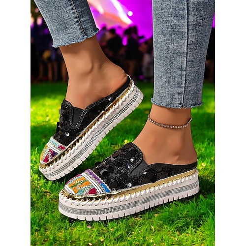Damen Plateau Pantoletten Sneaker mit goldenen Pailletten – glitzernde Schlupfschuhe mit gestickten Details für Festivals, Partys Street Fashion Image