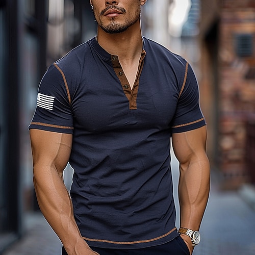 Herren Flagge Farbblock Henley Hemd T-Shirt Kurzarm Vintage Mode Designer Outdoor Lässig Täglich Frühling Herbst Grau Armeegrün Marineblau Henley Henley T-Shirt Image
