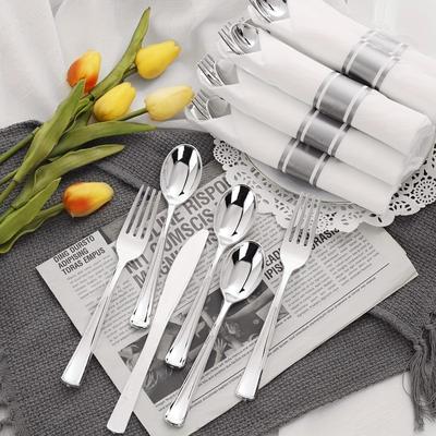 TEMU 30/60/120pcs Silverware, Rolled Plastic Silverware, Pre Rolled Napkins With Plastic Cutlery Set, Wrapped Plastic Cutlery Set With Napkin, Silverware Set Disposable Dinnerware Set.