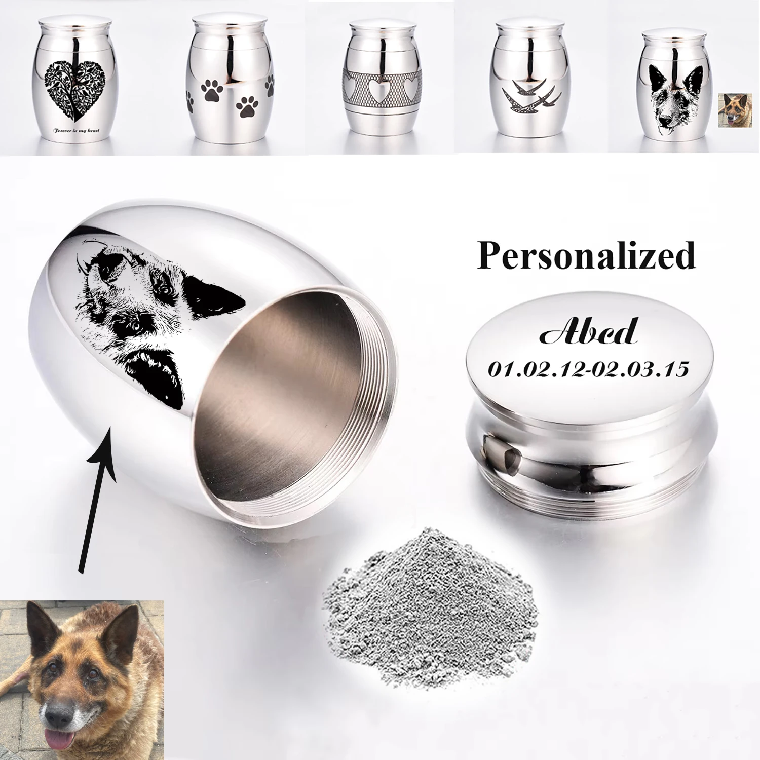 Aschebehälter für Menschen/Haustiere, Edelstahl, personalisierbar, Gedenkurne, Andenken für Haarasche, Parfüm, wasserdicht Image