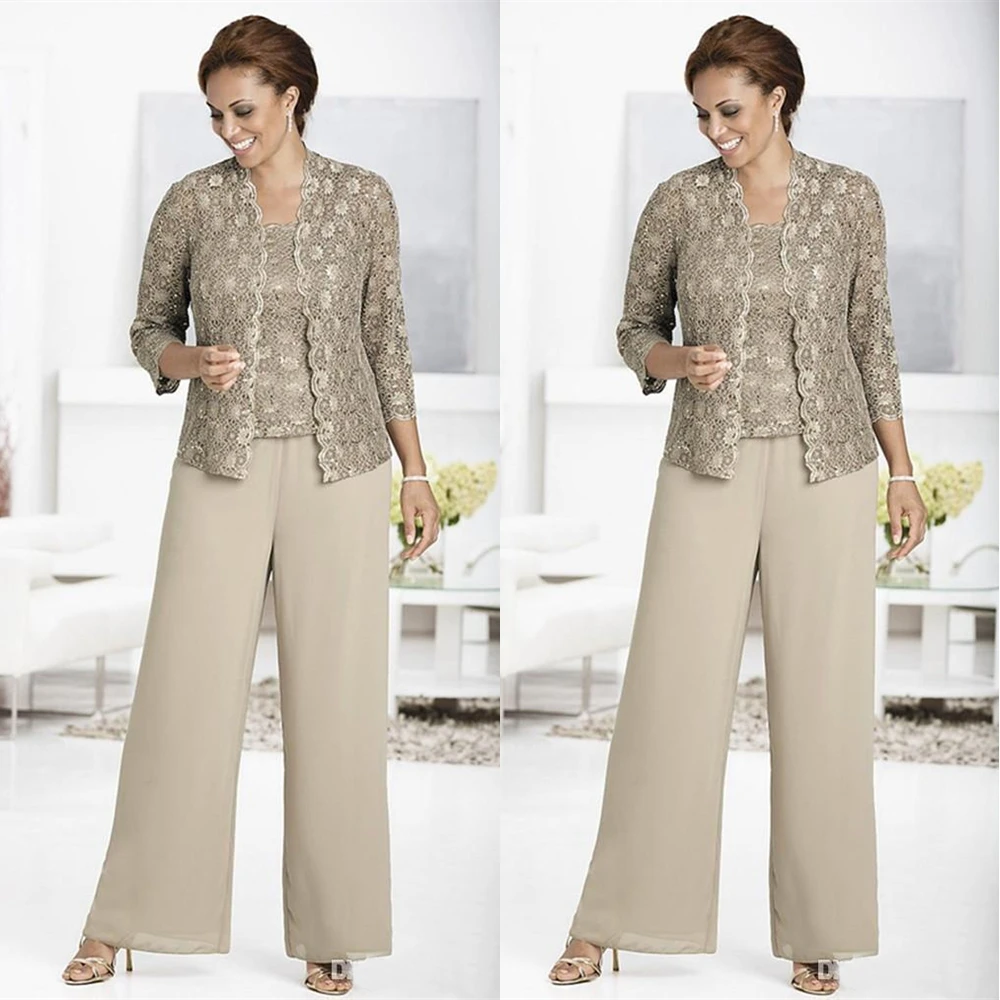 Abiti per la madre della sposa taglie forti Guaina in chiffon Giacca di pizzo Tuta Abiti lunghi per la madre dello sposo per matrimoni personalizzati