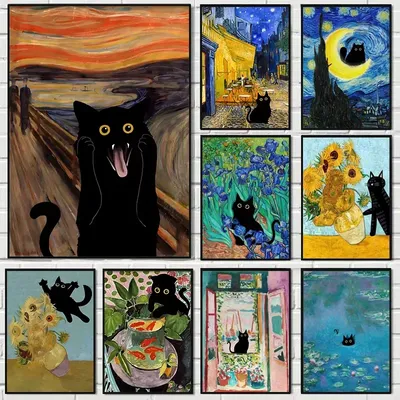 Colourful Matisse Abstract Art Van Gogh Sunflower Monet Black Cat Funny Trend Poster Canvas Painting