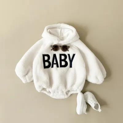 INS 2023 Winter Baby Boys Soft Fleece Hoodie Pullover Romper Letter Baby Clothes Baby Girls Fake Fur