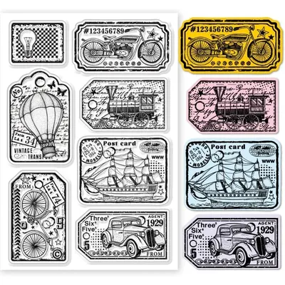 1Sheet Vintage Transportation Labels Clear Stamps for DIY Scrapbooking Retro Travel Bookmarks