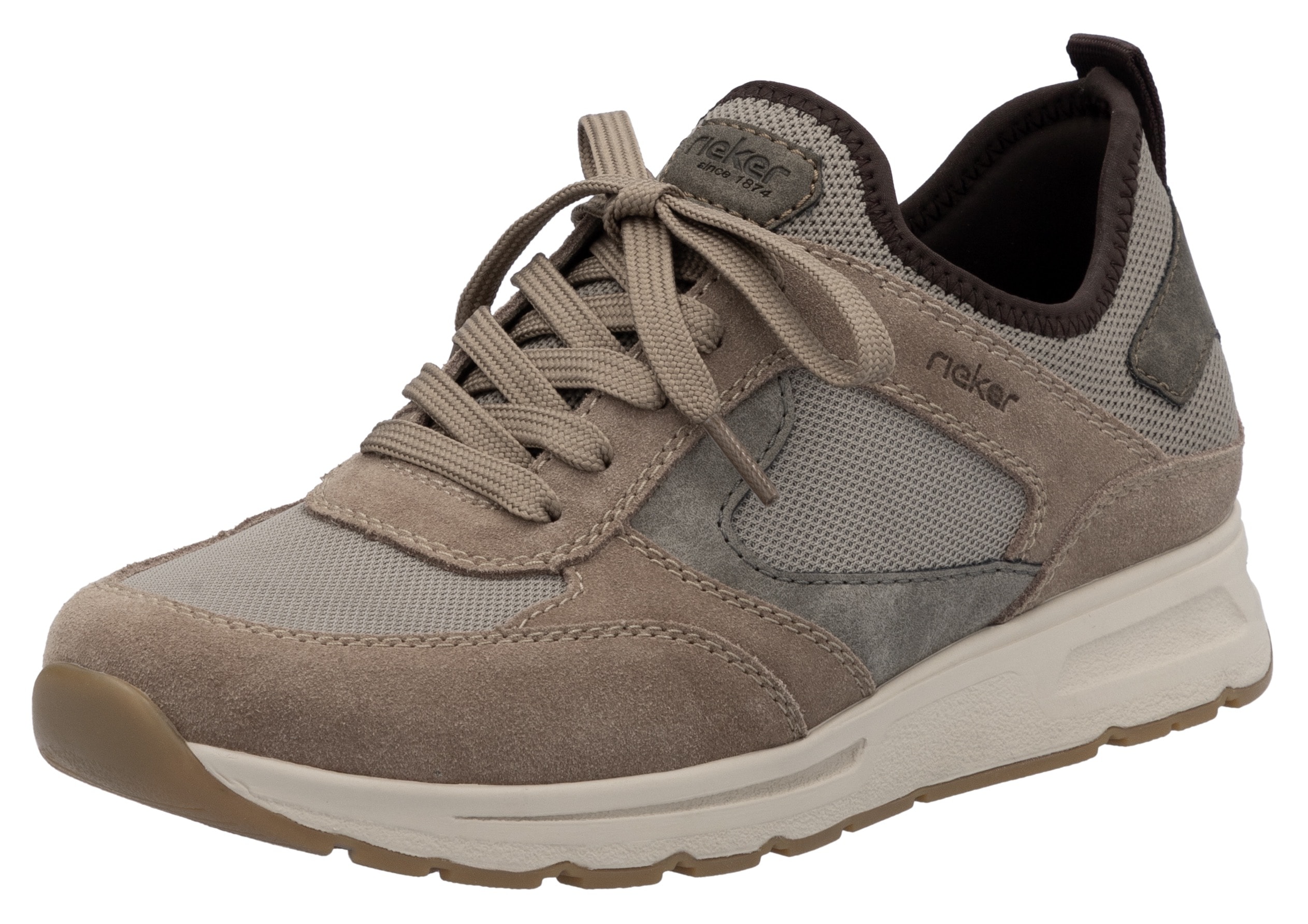 Slip-On Sneaker RIEKER, Herren, Gr. 45, beige (beige, grau), Textil, Veloursleder, Schuhe, Schlupfschuh, Halbschuh, Freizeitsneaker mit Schnürelement