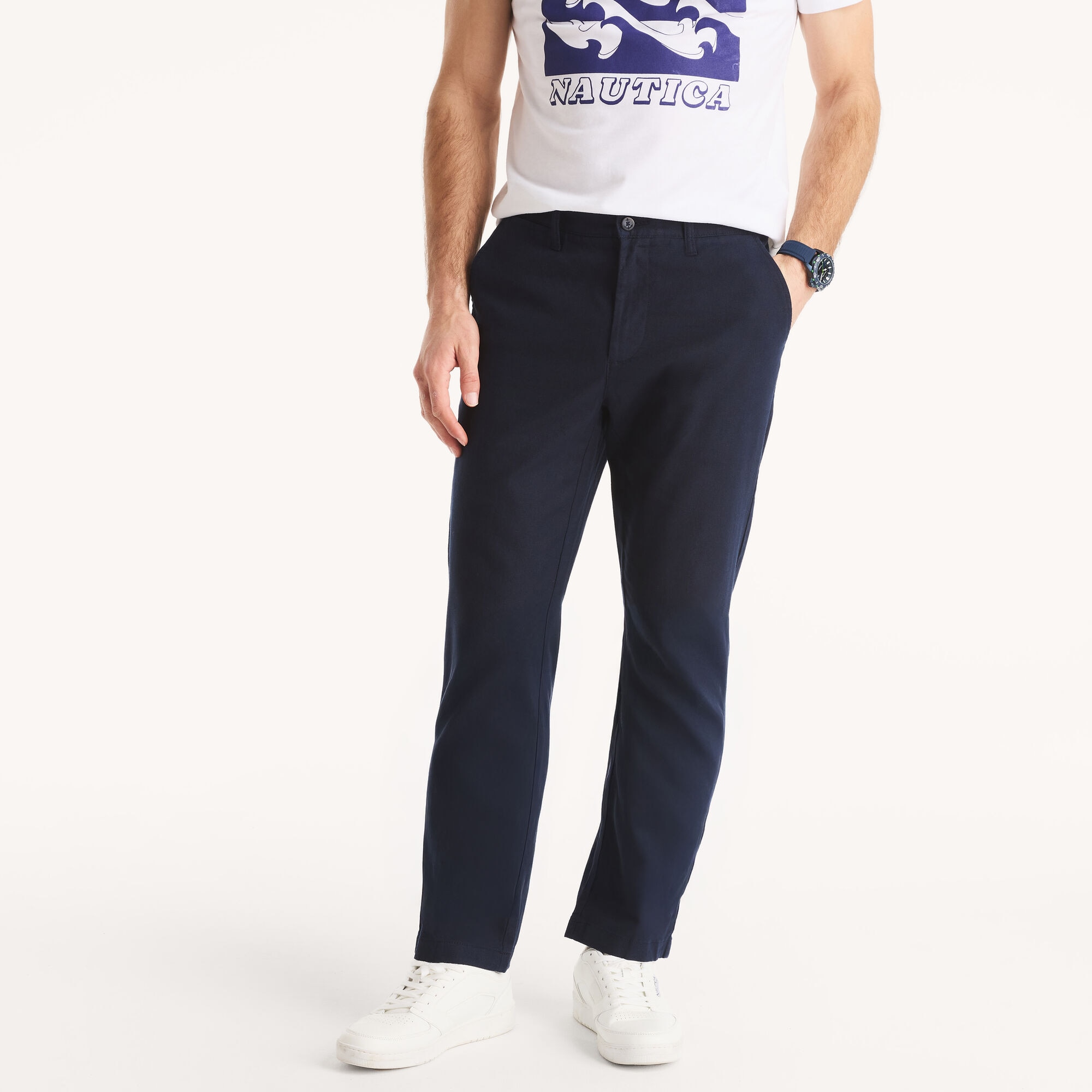 Nautica Men's Flat Front Linen Deck Pant 482 (Stellar Blue Heather), 33x32