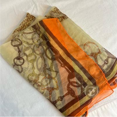 Gucci Accessories | Gucci Sheer Chain Link Horsebit Logo Silk Scarf Orange Tan Classic Chic | Color: Orange/Tan | Size: Os